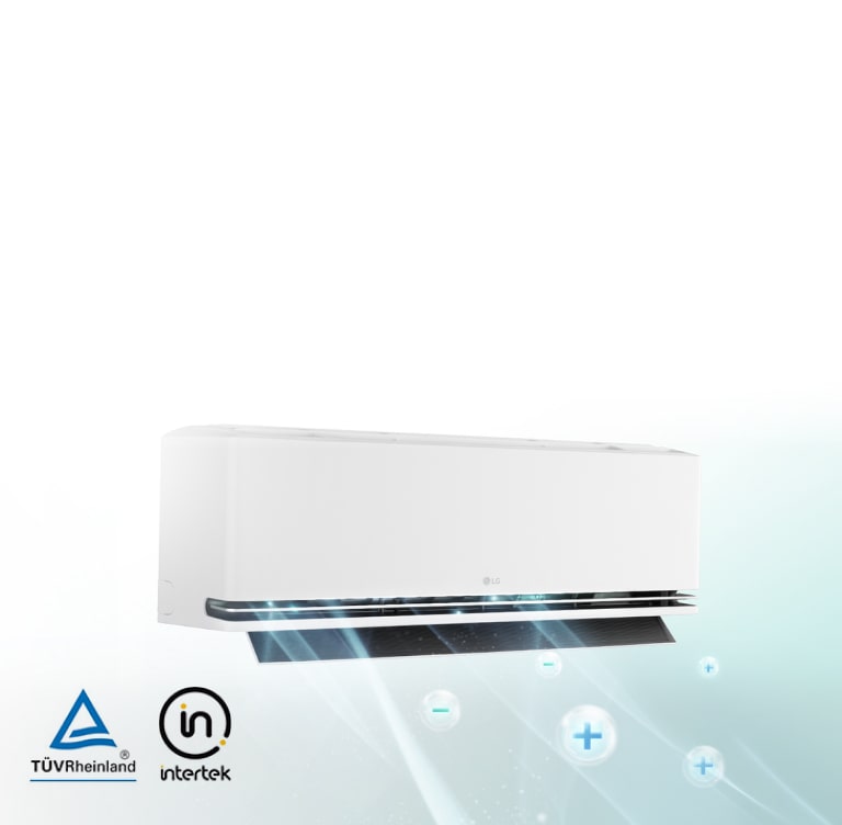 Un climatiseur blanc fixé au mur avec la fonction ionizer et les logos T‭Ü‭‬V Rheinland et Intertek.