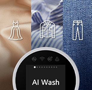 De la soie, des chemises et des jeans sont affichés et les fonctionnalités de AI Wash sont décrites.