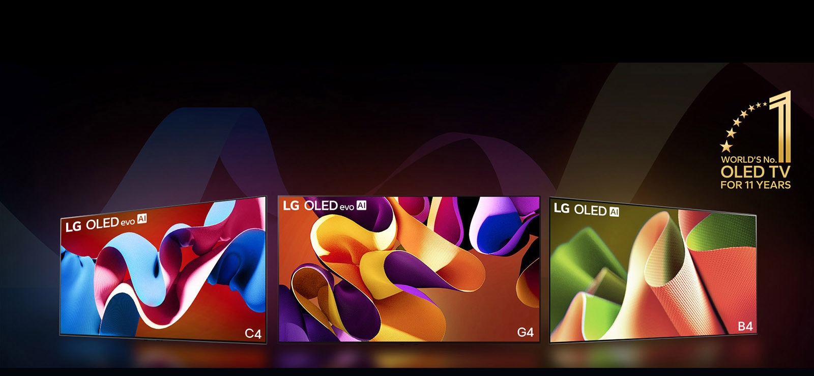 PC: LG OLED evo G4, LG OLED evo C4 ja LG OLED B4 kõrvuti, igaühe ekraanil on kuvatud erinevat värvi abstraktne kunstiteos. Valgus langeb igast telerist allpool asuvale maapinnale. Paremas ülanurgas on 11 aastat maailma esinumbri OLED TV kuldne embleem.  MO: LG OLED evo G4, LG OLED evo C4 ja LG OLED B4 reas, igaühe ekraanil on kuvatud erinevat värvi abstraktne kunstiteos. Valgus langeb igast telerist allpool asuvale maapinnale. Paremas ülanurgas on 11 aastat maailma esinumbri OLED TV kuldne embleem.