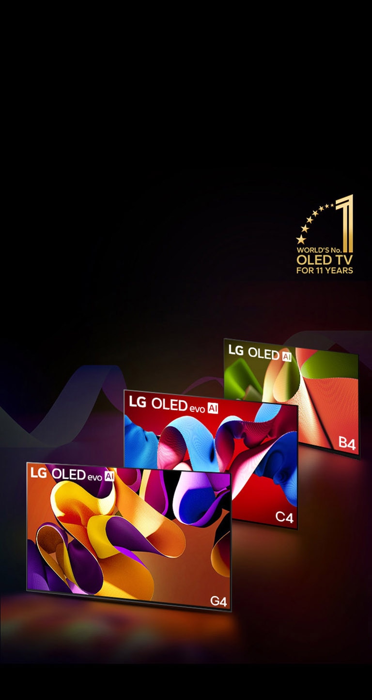 PC: LG OLED evo G4, LG OLED evo C4 ja LG OLED B4 kõrvuti, igaühe ekraanil on kuvatud erinevat värvi abstraktne kunstiteos. Valgus langeb igast telerist allpool asuvale maapinnale. Paremas ülanurgas on 11 aastat maailma esinumbri OLED TV kuldne embleem.  MO: LG OLED evo G4, LG OLED evo C4 ja LG OLED B4 reas, igaühe ekraanil on kuvatud erinevat värvi abstraktne kunstiteos. Valgus langeb igast telerist allpool asuvale maapinnale. Paremas ülanurgas on 11 aastat maailma esinumbri OLED TV kuldne embleem.