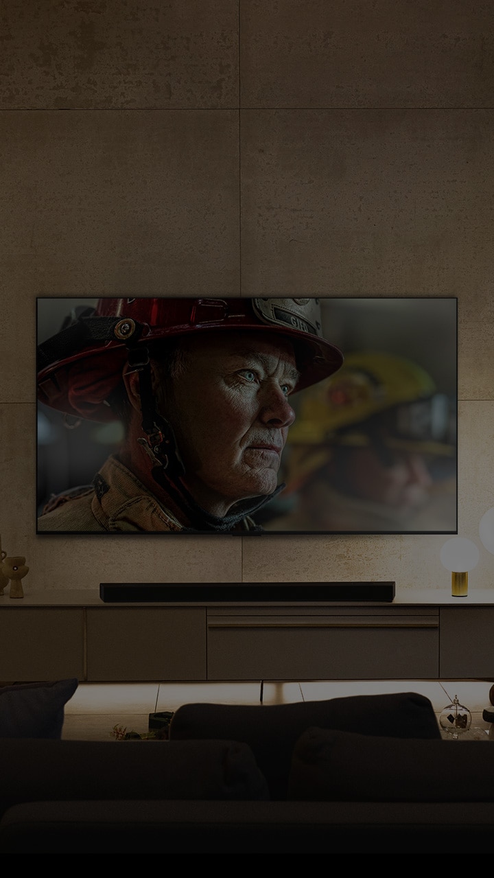 A wall-mounted LG OLED TV is in a white and bright room with natural decorations. As the screen moves, the scene changes from day to night. with Dolby Vision IQ logo
