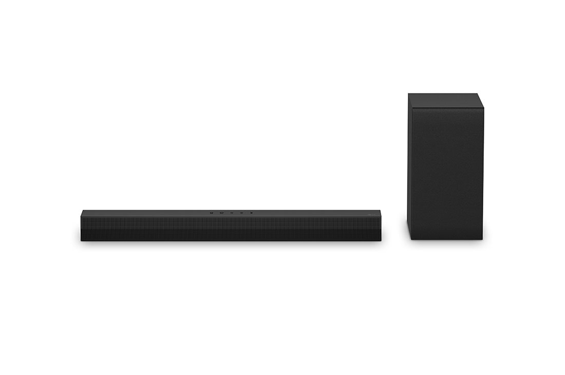 LG 300W, 2.1 kanalų S40T LG „Soundbar“ garso sistema, LG „Soundbar“ S40T ir žemųjų dažnių garsiakalbio vaizdas iš priekio, S40T