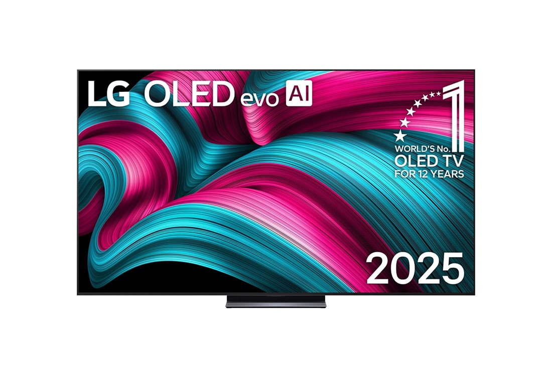 LG 83 colių LG OLED evo AI C5 4K išmanusis TV OLED83C51 2025, Išmaniojo televizoriaus „LG OLED evo AI C5 4K“ vaizdas iš priekio. Ant ekrano yra emblema „12 Years of world number 1 OLED“ ir LG OLED evo AI 2025 logotipas., OLED83C51LA