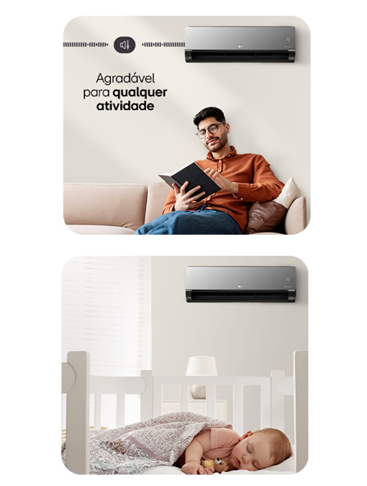  Do lado esquerdo, imagem gráfica de equalizador de som demonstrando baixo volume de ruído do ar-condicionado LG Artcool 