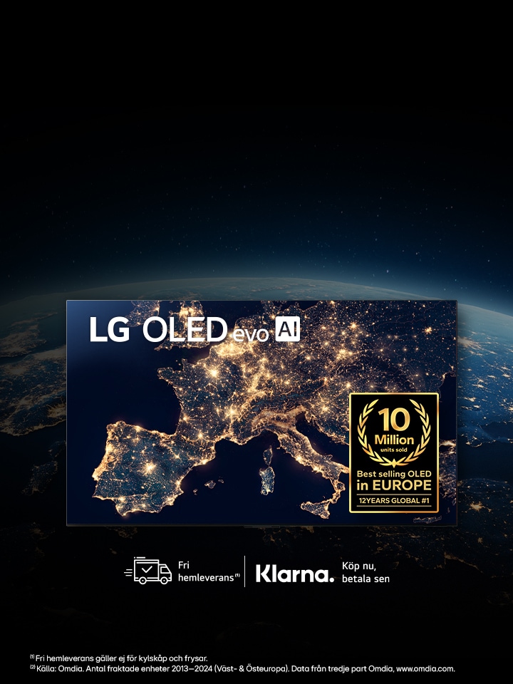 Närbildsfoto av Europa på natten från rymden, alla stadsljus är tända, rubrik: LG OLED
